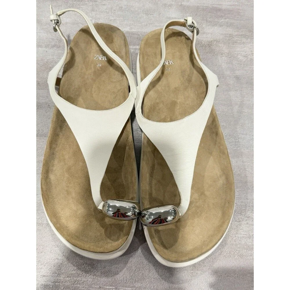Zara Flat Leather Sandals with Metallic Bead - White EUR 39 US 8 - NWOT - Picture 6 of 16